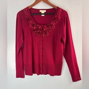Christina L Rosette Neckline Cardigan in Lipstick Red